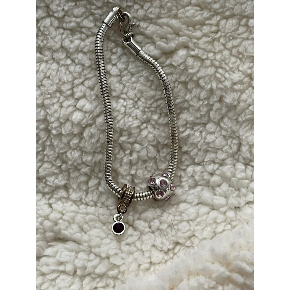 Silver Tone Purple / Clear Rhinestone Charms Snake Style Chain Bracelet